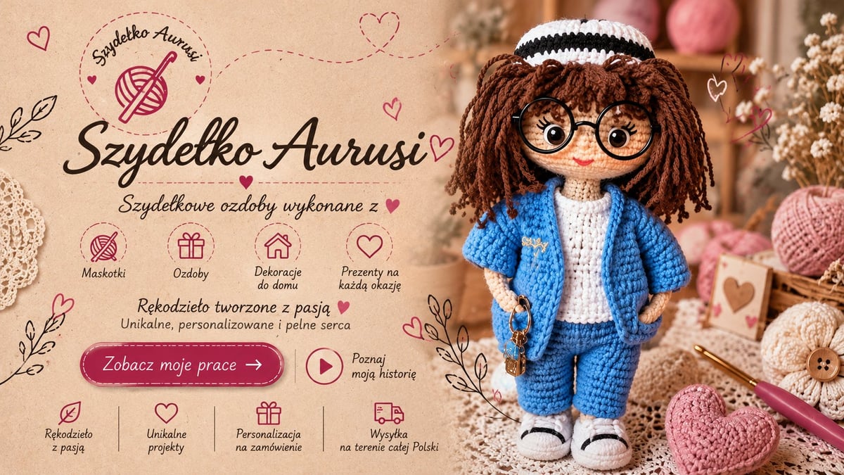 Szydełkowa lalka amigurumi z brązowymi włosami w niebieskim sweterku na tle dekoracji i akcesoriów do rękodzieła